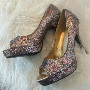 Candie's Cayunnis Glitter Stilettos Platform Peep Toe Multi-Color Heels Size 8